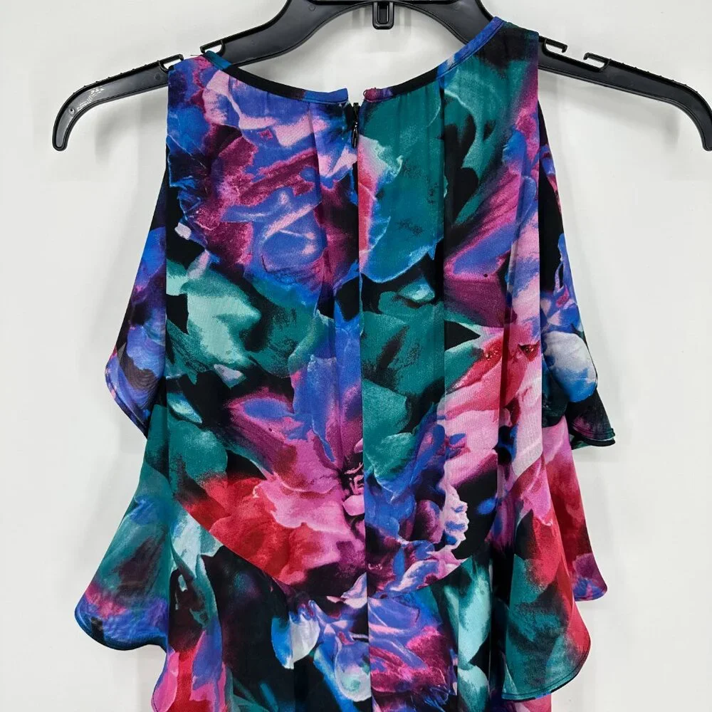 Tahari Abstract‎ Floral Cocktail Dress 4 RuffleTrim Sleeveless Swing Black Pink